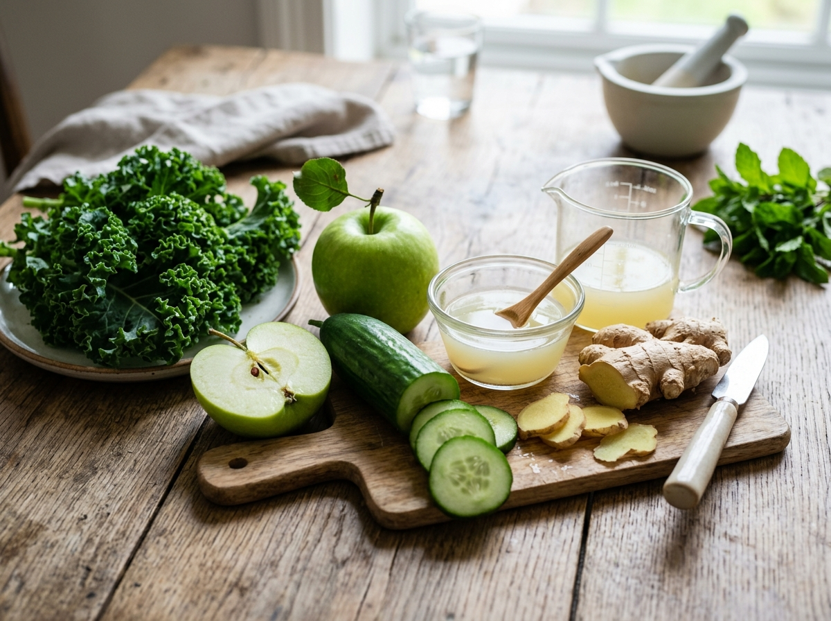 couve, pepino, maçã verde, suco de limão e gengibre