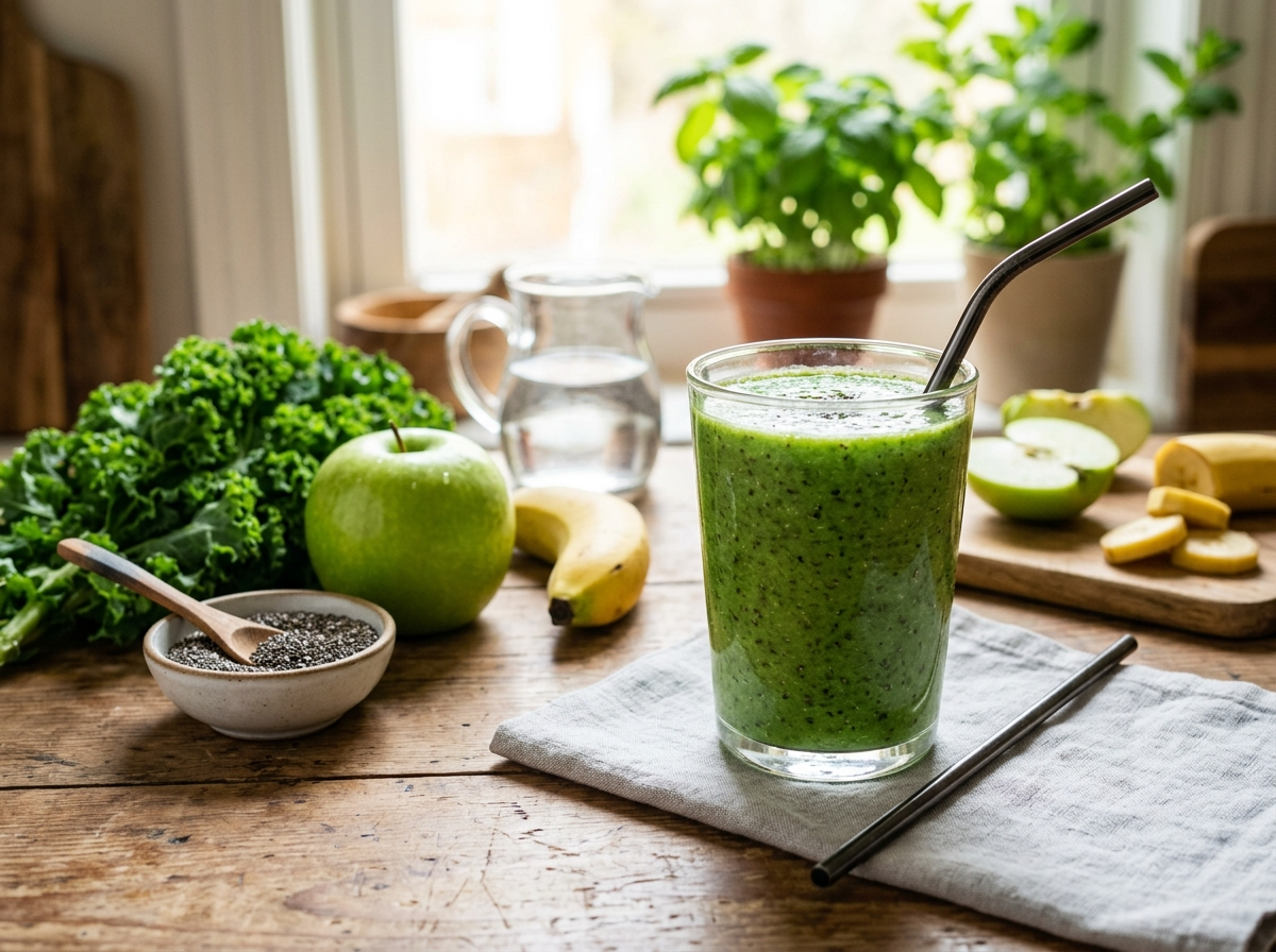 Smoothie verde (couve, 1 maçã, 1 banana pequena, 1 colher de chia, água).